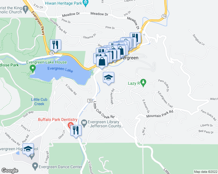 map of restaurants, bars, coffee shops, grocery stores, and more near in Evergreen