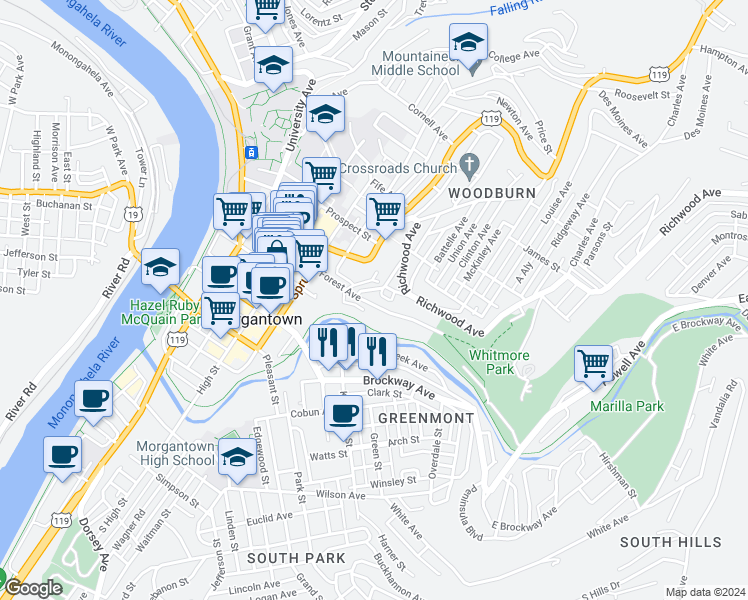 map of restaurants, bars, coffee shops, grocery stores, and more near 408 Forest Avenue in Morgantown