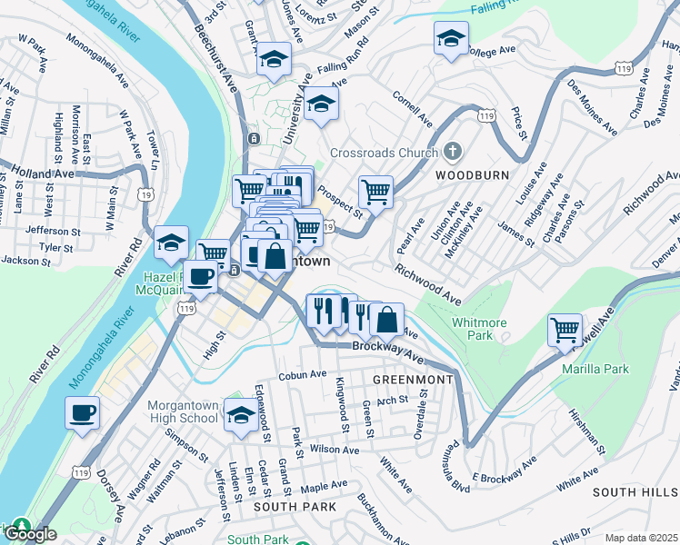 map of restaurants, bars, coffee shops, grocery stores, and more near 408 Forest Avenue in Morgantown