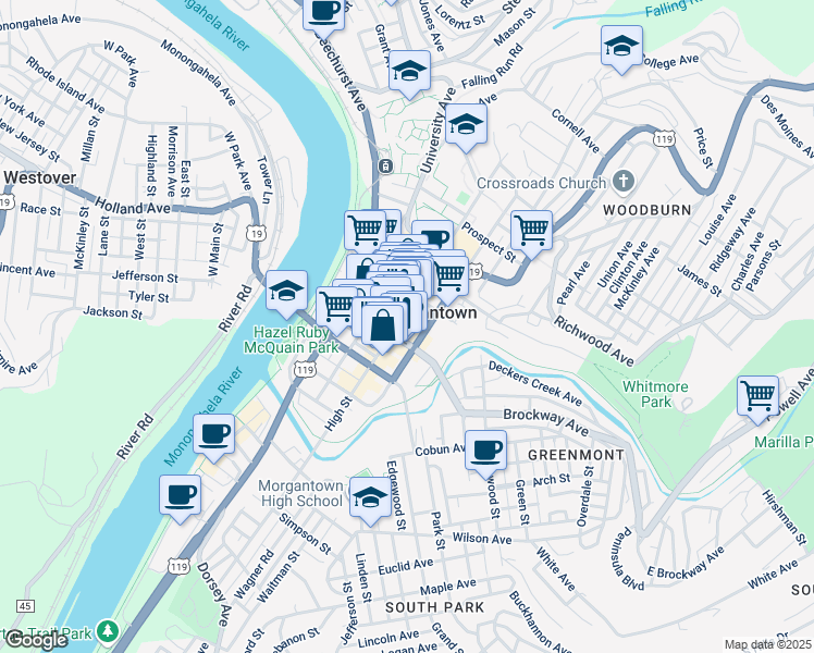 map of restaurants, bars, coffee shops, grocery stores, and more near in Morgantown