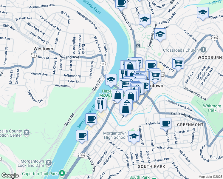 map of restaurants, bars, coffee shops, grocery stores, and more near in Morgantown