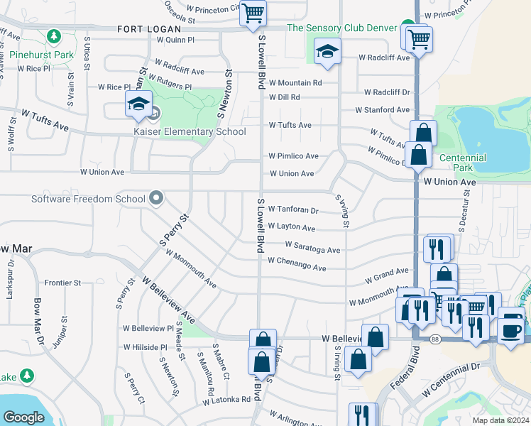 map of restaurants, bars, coffee shops, grocery stores, and more near 3396 West Tanforan Drive in Englewood