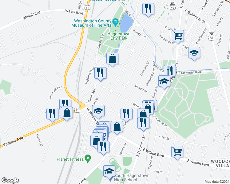 map of restaurants, bars, coffee shops, grocery stores, and more near 402 West Howard Street in Hagerstown