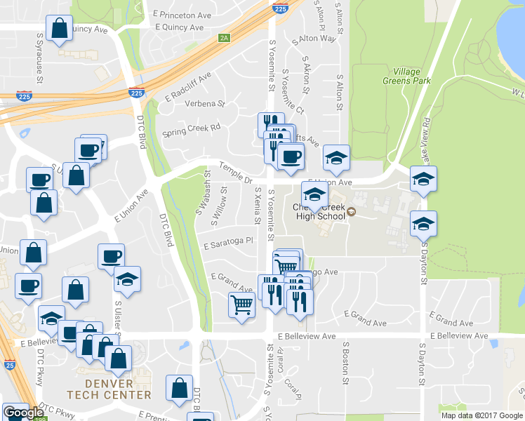 map of restaurants, bars, coffee shops, grocery stores, and more near 4762 South Xenia Street in Denver