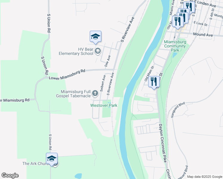 map of restaurants, bars, coffee shops, grocery stores, and more near 680 South Riverview Avenue in Miamisburg