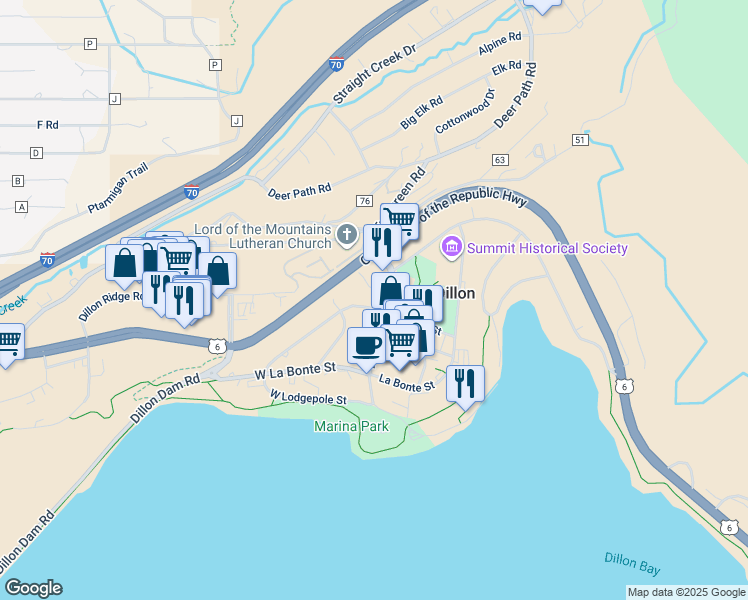 map of restaurants, bars, coffee shops, grocery stores, and more near 240 Lake Dillon Drive in Dillon