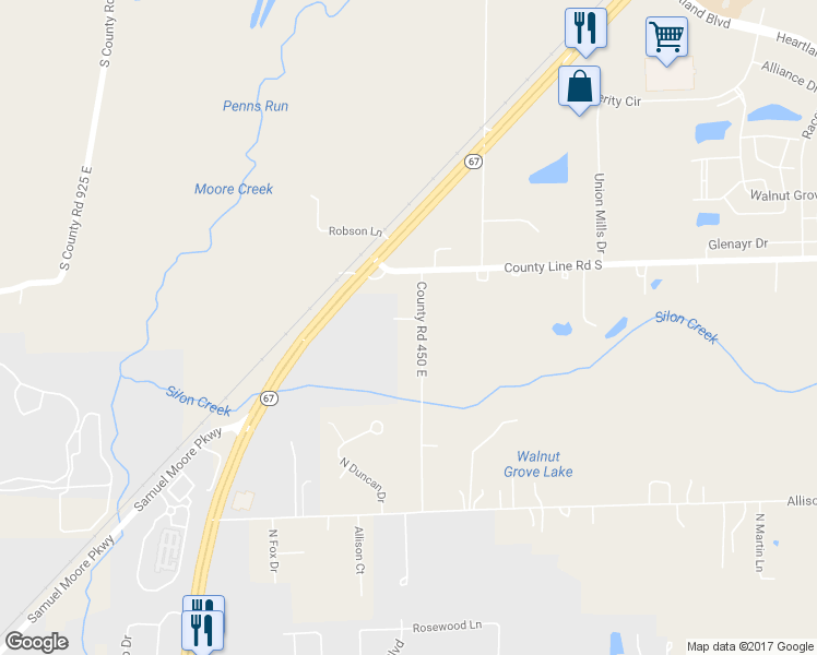 map of restaurants, bars, coffee shops, grocery stores, and more near 13892 County Road 450 East in Morgan County