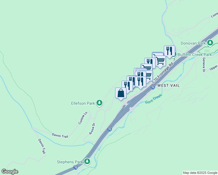 map of restaurants, bars, coffee shops, grocery stores, and more near 2417 Garmisch Drive in Vail