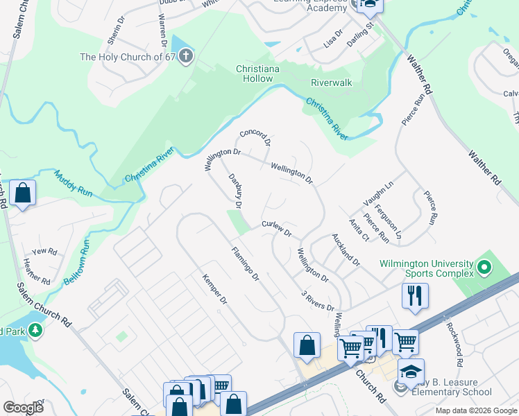 map of restaurants, bars, coffee shops, grocery stores, and more near 9 Sir Thomas Lane in Newark