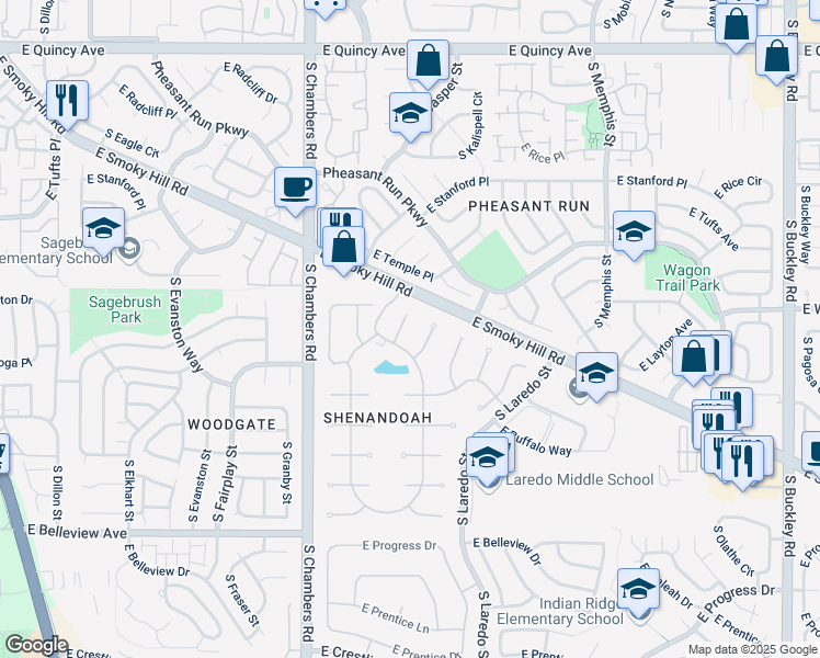 map of restaurants, bars, coffee shops, grocery stores, and more near 4722 South Idalia Street in Aurora
