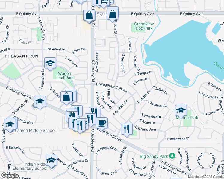 map of restaurants, bars, coffee shops, grocery stores, and more near 4757 South Pitkin Court in Aurora