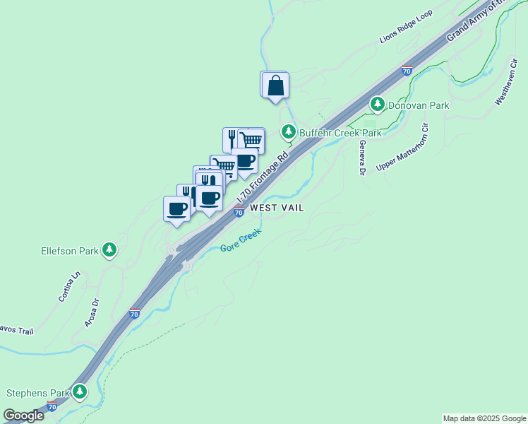 map of restaurants, bars, coffee shops, grocery stores, and more near 2005 West Gore Creek Drive in Vail