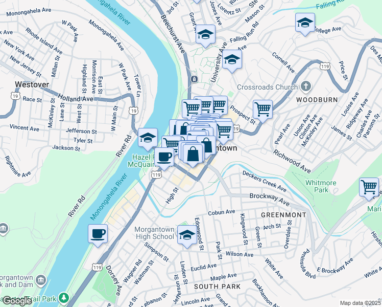 map of restaurants, bars, coffee shops, grocery stores, and more near 175 Walnut Street in Morgantown