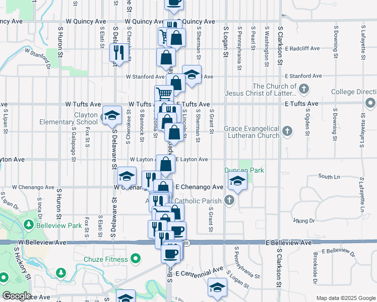 map of restaurants, bars, coffee shops, grocery stores, and more near 4750 S Lincoln St in Englewood