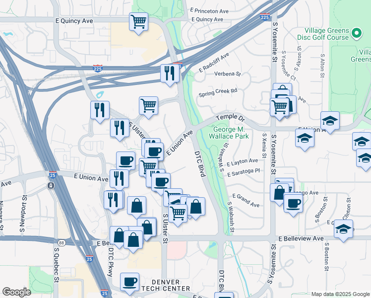 map of restaurants, bars, coffee shops, grocery stores, and more near 4875 Dtc Boulevard in Denver