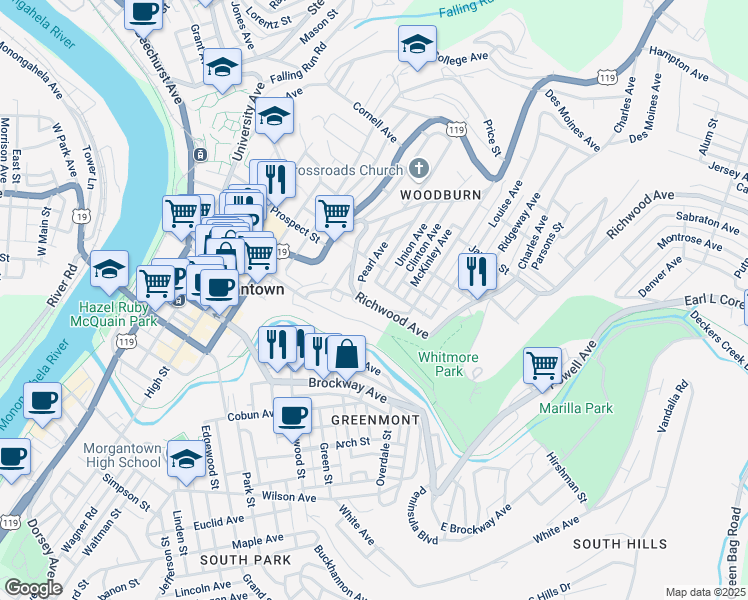 map of restaurants, bars, coffee shops, grocery stores, and more near 321 Richwood Avenue in Morgantown