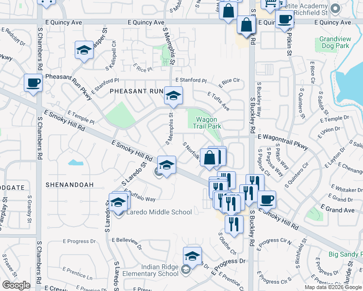 map of restaurants, bars, coffee shops, grocery stores, and more near 4757 South Norfolk Street in Aurora