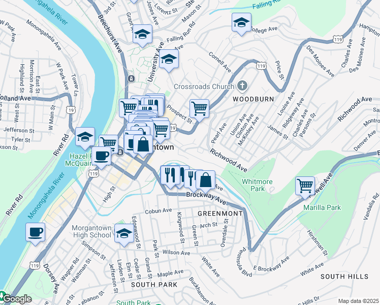 map of restaurants, bars, coffee shops, grocery stores, and more near 409 Forest Avenue in Morgantown