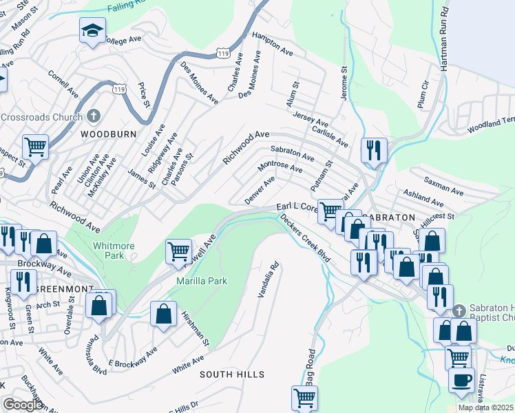 map of restaurants, bars, coffee shops, grocery stores, and more near 1135 Woodrow Street in Morgantown