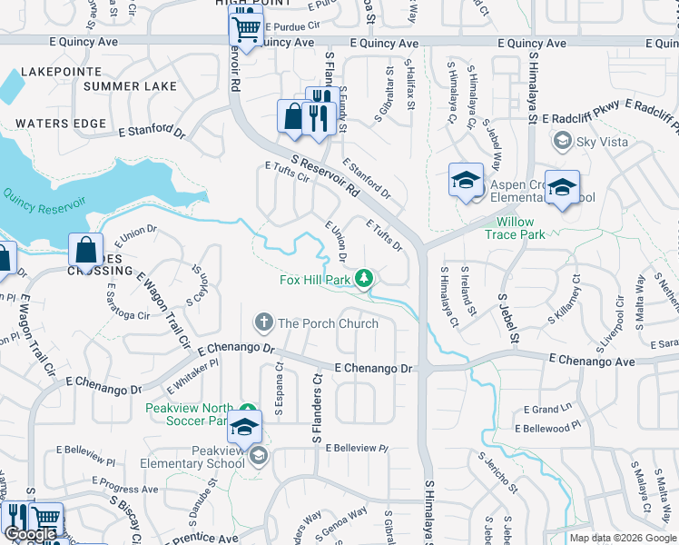 map of restaurants, bars, coffee shops, grocery stores, and more near 19774 East Union Drive in Centennial