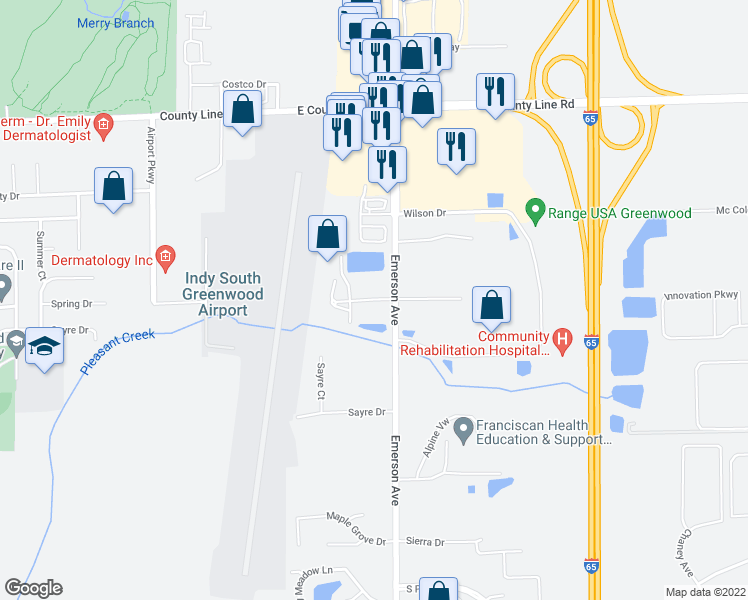 map of restaurants, bars, coffee shops, grocery stores, and more near Emerson Parkway in Greenwood