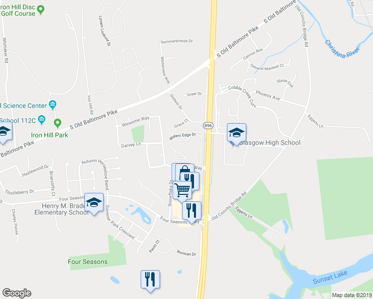 map of restaurants, bars, coffee shops, grocery stores, and more near 2300 Waters Edge Drive in Newark
