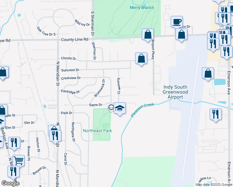 map of restaurants, bars, coffee shops, grocery stores, and more near 854 Summer Road in Greenwood
