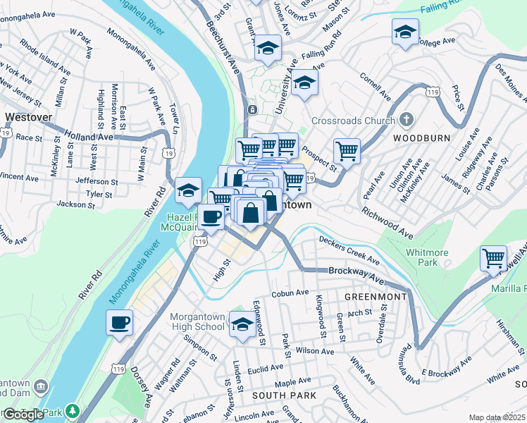 map of restaurants, bars, coffee shops, grocery stores, and more near in Morgantown