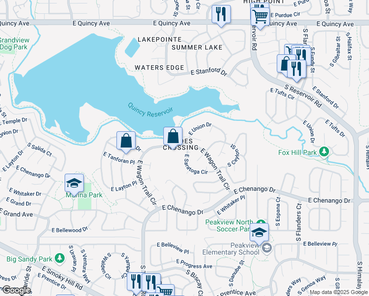 map of restaurants, bars, coffee shops, grocery stores, and more near 18806 East Saratoga Circle in Aurora