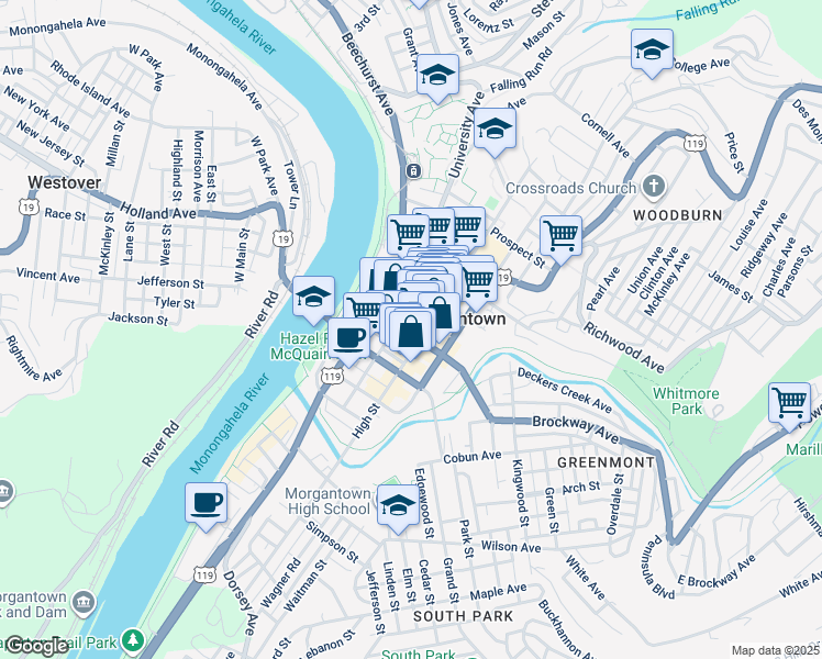 map of restaurants, bars, coffee shops, grocery stores, and more near 175 Walnut Street in Morgantown