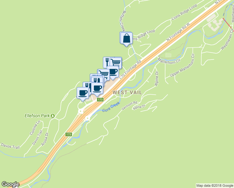 map of restaurants, bars, coffee shops, grocery stores, and more near 2005 West Gore Creek Drive in Vail