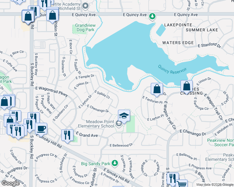 map of restaurants, bars, coffee shops, grocery stores, and more near 17643 East Temple Drive in Aurora