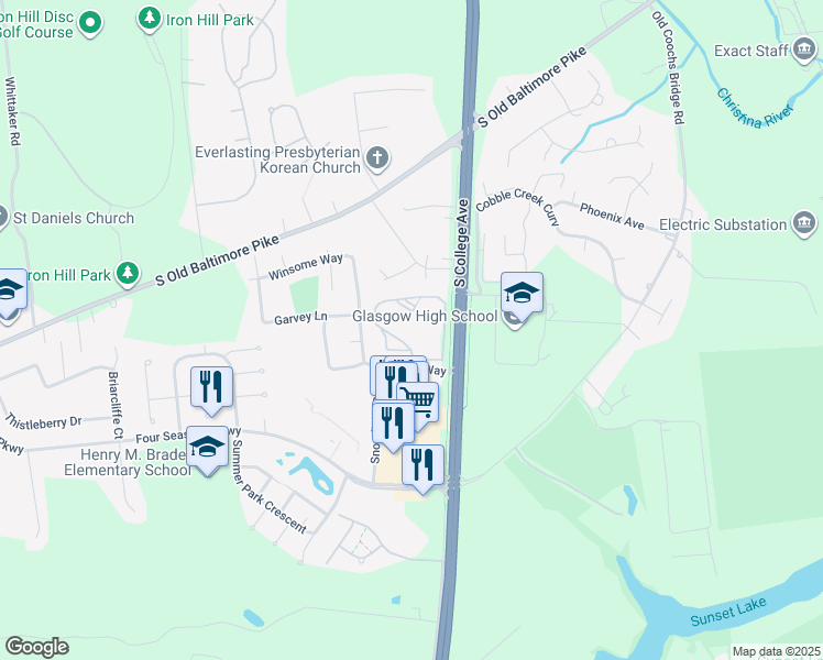 map of restaurants, bars, coffee shops, grocery stores, and more near 2300 Waters Edge Drive in Newark