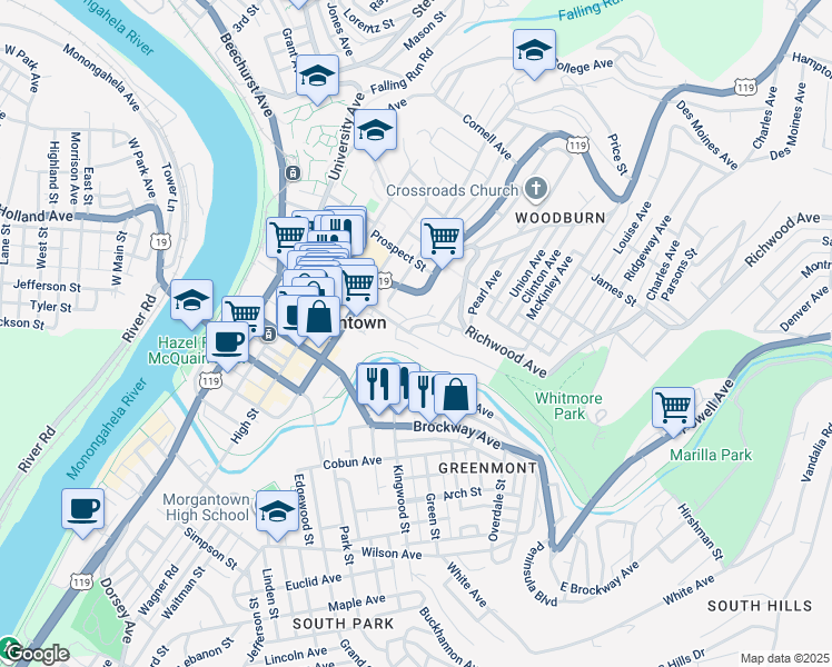 map of restaurants, bars, coffee shops, grocery stores, and more near 408 Forest Avenue in Morgantown