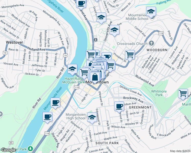 map of restaurants, bars, coffee shops, grocery stores, and more near in Morgantown
