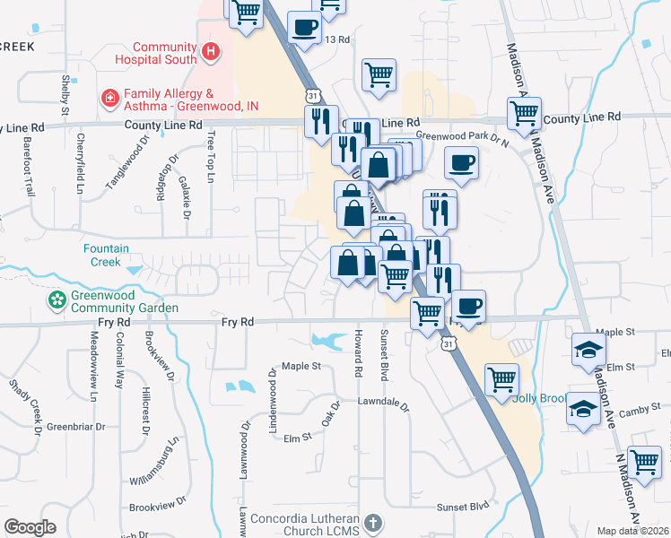 map of restaurants, bars, coffee shops, grocery stores, and more near 766 Loews Boulevard in Greenwood