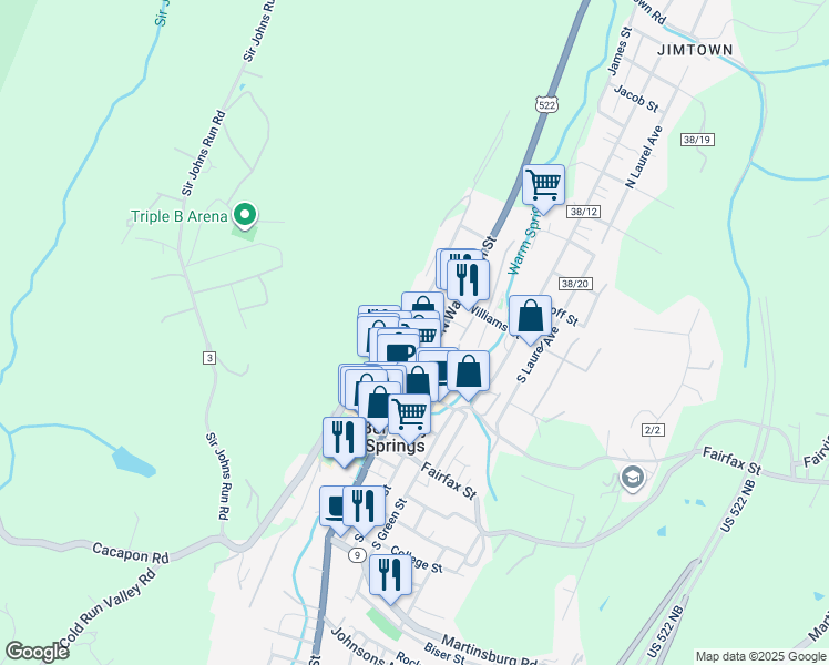 map of restaurants, bars, coffee shops, grocery stores, and more near 212 Union Street in Berkeley Springs