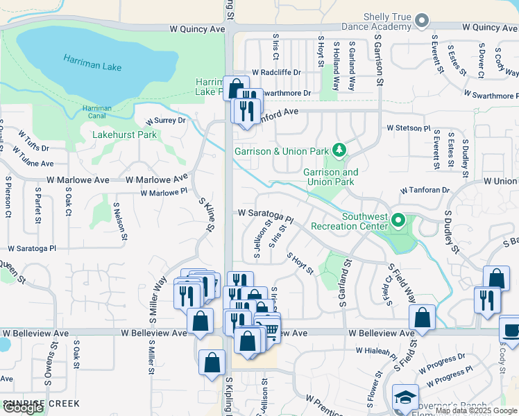 map of restaurants, bars, coffee shops, grocery stores, and more near 4842 South Johnson Street in Littleton