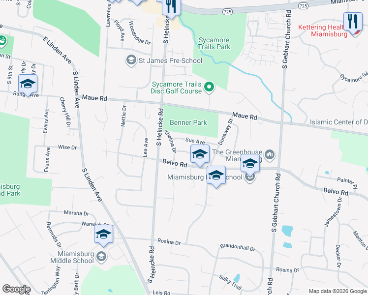 map of restaurants, bars, coffee shops, grocery stores, and more near 818 Thelma Drive in Miamisburg
