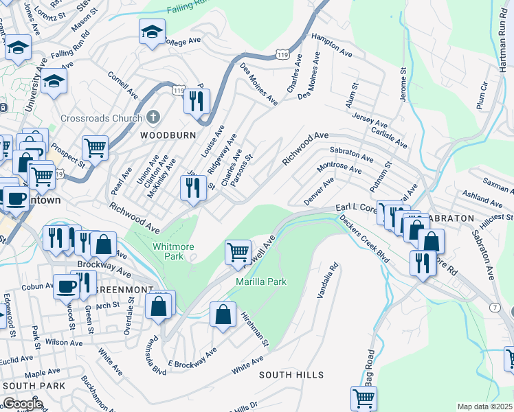 map of restaurants, bars, coffee shops, grocery stores, and more near 850 Sabraton Avenue in Morgantown
