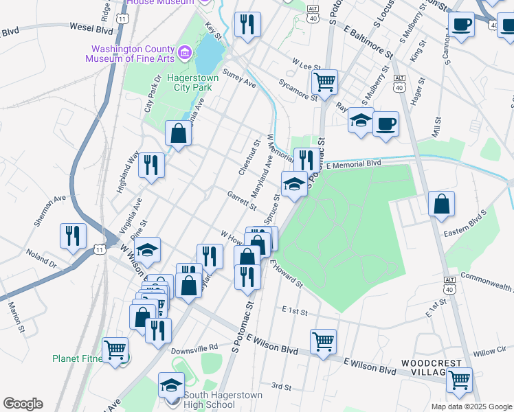 map of restaurants, bars, coffee shops, grocery stores, and more near 152 Garrett Street in Hagerstown