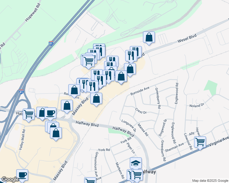 map of restaurants, bars, coffee shops, grocery stores, and more near 1631 Wesel Boulevard in Hagerstown