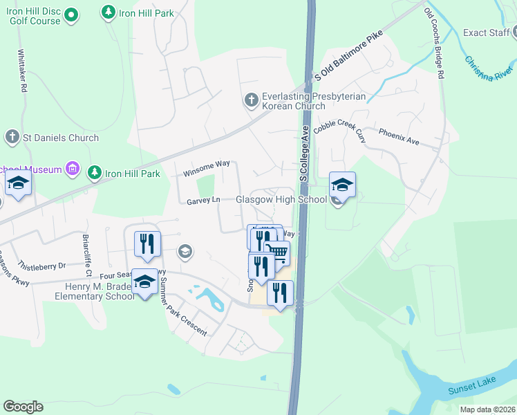 map of restaurants, bars, coffee shops, grocery stores, and more near 2404 Waters Edge Drive in Newark
