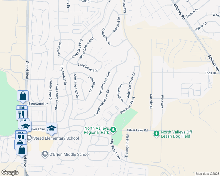 map of restaurants, bars, coffee shops, grocery stores, and more near 9652 Canyon Meadows Drive in Reno