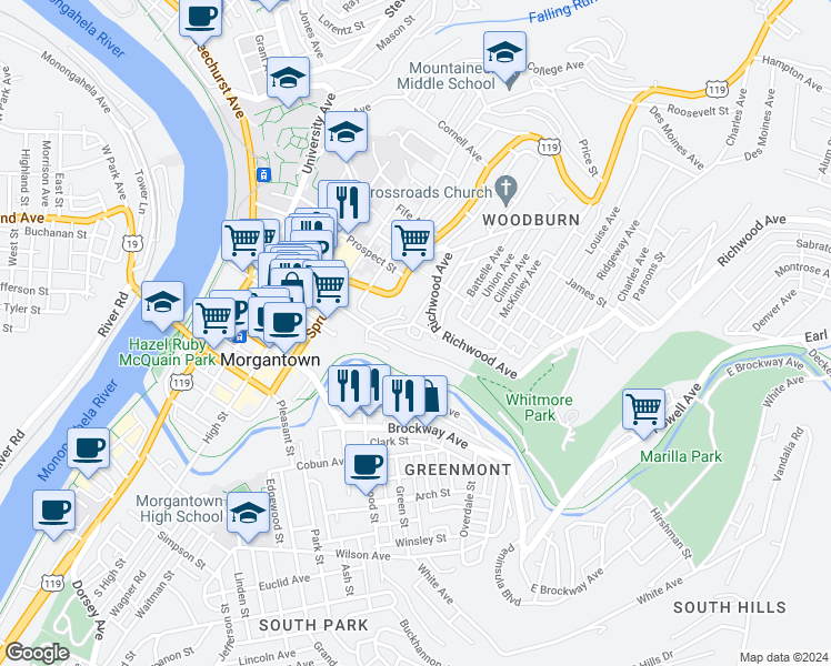 map of restaurants, bars, coffee shops, grocery stores, and more near 454 Pine Street in Morgantown