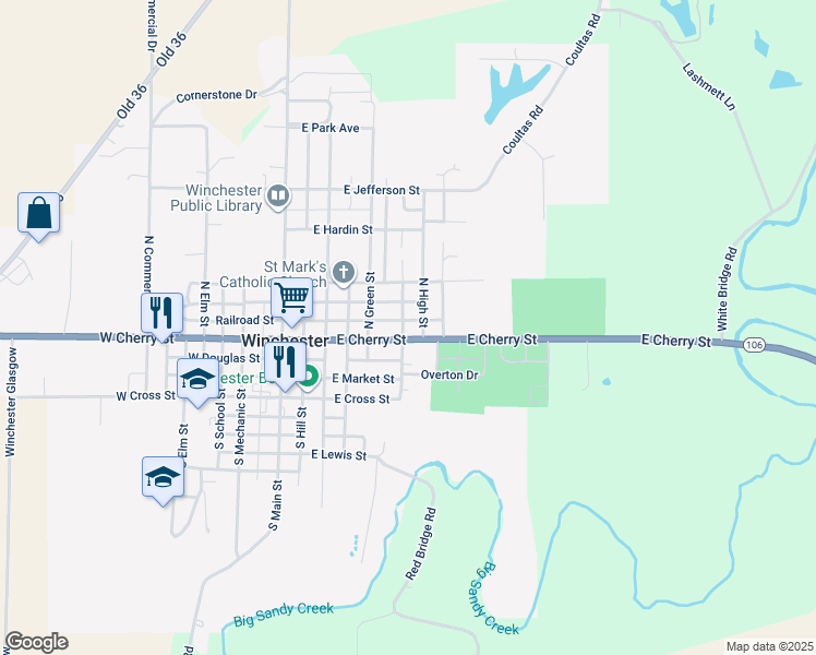 map of restaurants, bars, coffee shops, grocery stores, and more near 2 North Broadway Street in Winchester