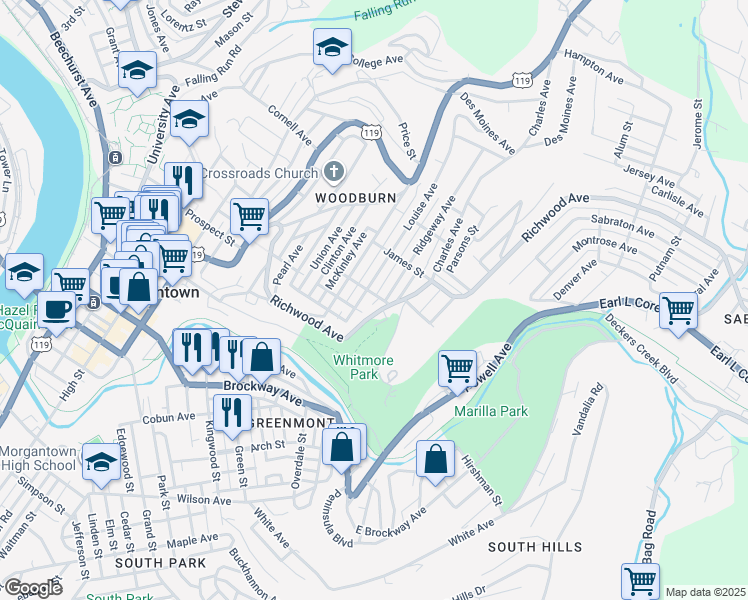 map of restaurants, bars, coffee shops, grocery stores, and more near 612 Louise Avenue in Morgantown