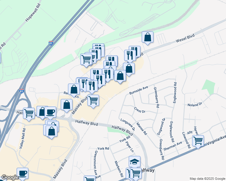 map of restaurants, bars, coffee shops, grocery stores, and more near 1631 Wesel Boulevard in Hagerstown