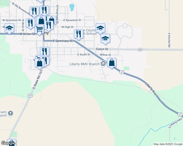 map of restaurants, bars, coffee shops, grocery stores, and more near 300 Meadow Lane in Liberty