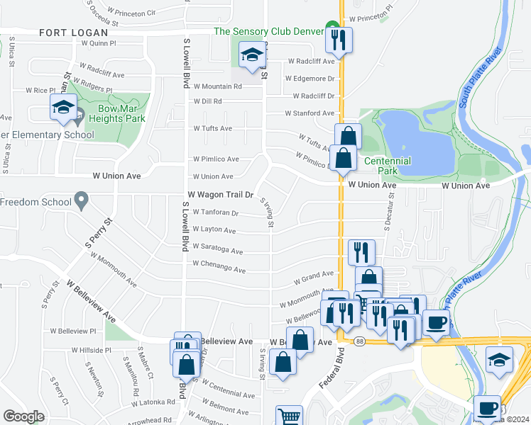 map of restaurants, bars, coffee shops, grocery stores, and more near 4798 South Irving Street in Englewood